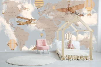  Fototapeta dla dzieci na wymiar mapa świata, samoloty i balony dwk296