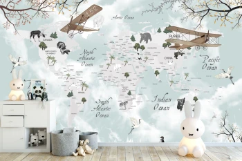 Fototapeta dla dzieci na wymiar mapa świata, zwierzęta , samoloty dwk297