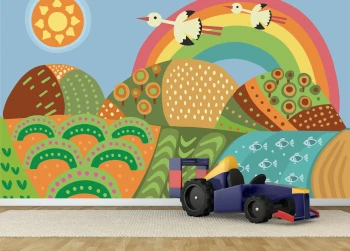  Fototapeta dla dzieci na wymiar kolorowe góry, bociany, tęcza dwk337