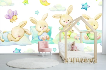  Fototapeta dla dzieci na wymiar zajączki, zajączki na poduszkach, gwiazdki, zabawki dwk338