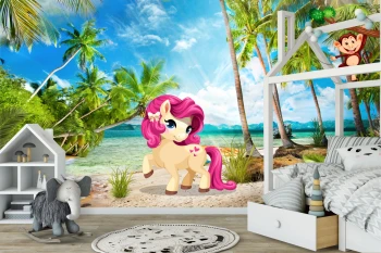  Fototapeta dla dzieci na wymiar jednorożec na plaży, plaża, wyspa, palmy dwk344