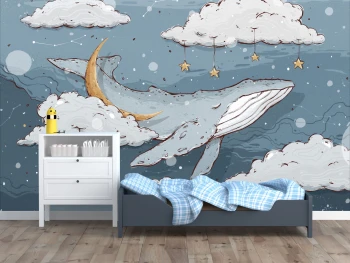  Fototapeta dla dzieci na wymiar wieloryb, chmurki, gwiazdki dwk347