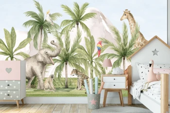  Fototapeta dla dzieci palmy, safari, dzikie zwierzęta M026