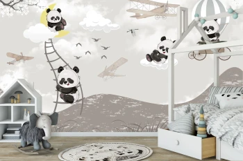  Fototapeta dla dzieci panda w balonie, pandy, samoloty dwk270