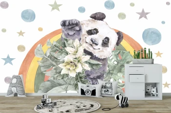  Fototapeta dla dzieci panda wśród kwiatów na tle tęczy M080
