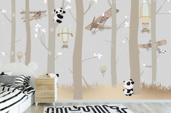  Fototapeta dla dzieci pandy, las, samoloty, balony dwk269