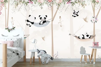  Fototapeta dla dzieci pandy, pandy w hamakach, kolorowe kwiaty dwk330