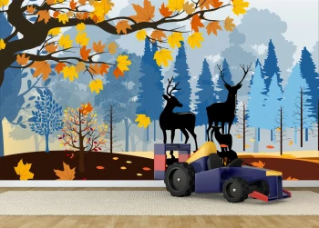  Fototapeta dla dzieci park, las, drzewa, kolorowe liście, jelenie dwk315