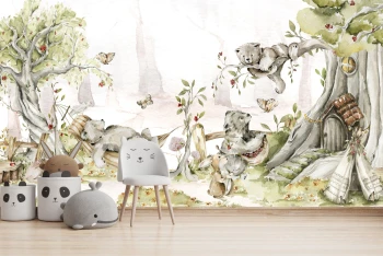  Fototapeta dla dzieci rodzina misi w magicznym lesie z zajączkiem i sarenką M058