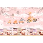  Fototapeta dla dzieci różowe miasto, żyrafa na rowerze dwk261