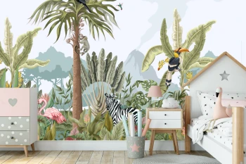  Fototapeta dla dzieci safari, zebra, palmy, flaming dwk213