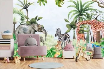  Fototapeta dla dzieci słoń, żyrafa, zebra, safari M041