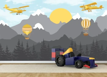  Fototapeta dla dzieci słońce, góry, balony, samoloty dwk257