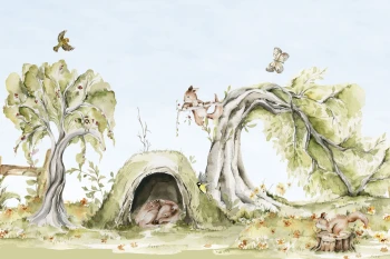  Fototapeta dla dzieci śpiąca sarenka i bawiące się wiewiórki w lesie M057