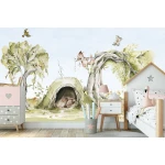  Fototapeta dla dzieci śpiąca sarenka i bawiące się wiewiórki w lesie M057