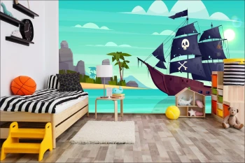  Fototapeta dla dzieci statek piracki, ocean, wyspa dwk119