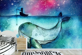  Fototapeta dla dzieci wieloryb, gwiazdy, wędkarz dwk115