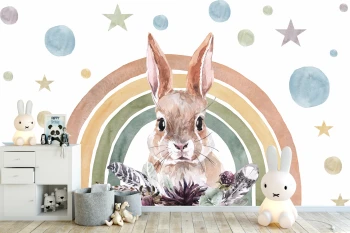  Fototapeta dla dzieci zajączek na tle tęczy M077