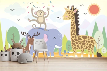  Fototapeta dla dzieci żyrafa, słoń, małpka, dzikie zwierzątka dwk211