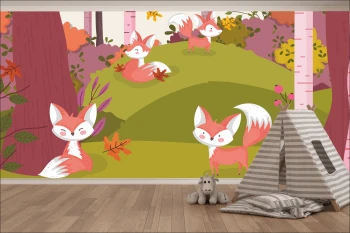  Fototapeta do pokoju dziecięcego liski, las, polana dwk081