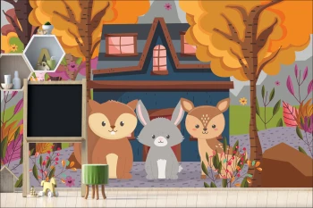  Fototapeta do pokoju dziecięcego leśne zwierzęta, domek, las dwk082