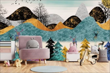  Fototapeta do pokoju dziecięcego kolorowe góry, kolorowe jelenie, kolorowy las dwk085