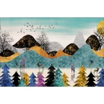  Fototapeta do pokoju dziecięcego kolorowe góry, kolorowe jelenie, kolorowy las dwk085