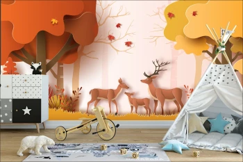  Fototapeta do pokoju dziecięcego kolorowe góry, kolorowe jelenie, kolorowy las dwk088