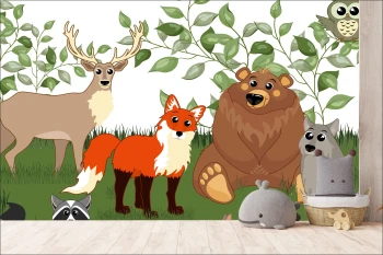  Fototapeta do pokoju dziecięcego leśne zwierzęta, lis, jeleń, wilk, zajączki, polana dwk090