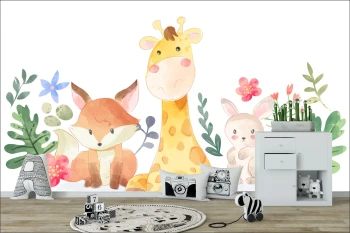  Fototapeta do pokoju dziecięcego żyrafa, lisek, zajączek, kwiatki, polana dwk091