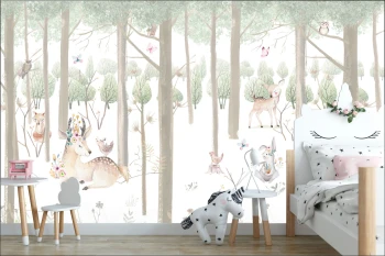  Fototapeta do pokoju dziecięcego drzewa, leśne zwierzęta, las dwk097
