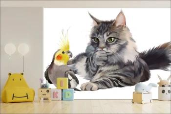  Fototapeta do pokoju dziecięcego kot, papuga dwk136