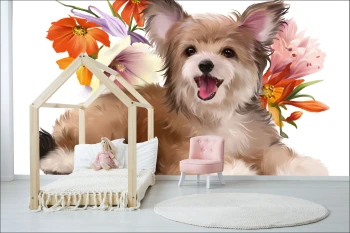  Fototapeta do pokoju dziecięcego szczeniak, kwiaty, akwarela dwk146