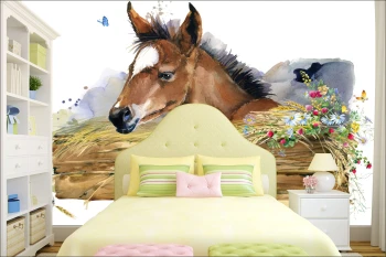  Fototapeta do pokoju dziecięcego koń, akwarela, łany zbóż dwk153