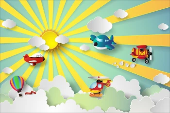  Fototapeta do pokoju dziecięcego słoneczko, samoloty, helikopter dwk161