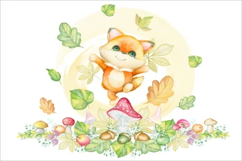  Fototapeta do pokoju dziecięcego lisek, żołędzie, grzybki, kolorowe liście dwk170