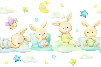  Fototapeta do pokoju dziecięcego zajączki, kolorowe chmurki, księżyc, kaczuszki dwk183