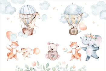  Fototapeta do pokoju dziecięcego żyrafa, balon, słonik, chmurki dwk185