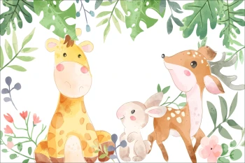  Fototapeta do pokoju dziecięcego żyrafa, lisek, zajączek, kolorowe liście dwk186