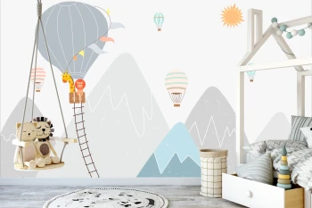  Fototapeta do pokoju dziecięcego lew i żyrafa w balonie, lot balonem, balony, góry dwk239