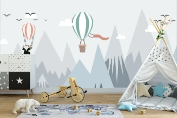  Fototapeta do pokoju dziecięcego balony, baloniki, ptaki, góry dwk240