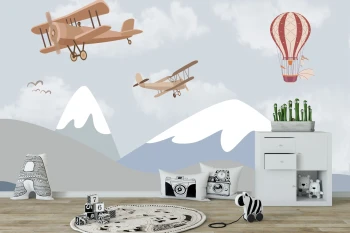  Fototapeta do pokoju dziecięcego góry, samolot, balony dwk241
