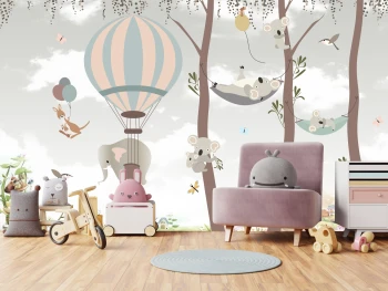  Fototapeta do pokoju dziecięcego misie koala na hamaku, słoń w balonie, drzewa, las dwk243