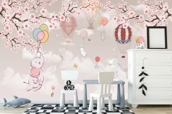 Fototapeta do pokoju dziecięcego kolorowe balony, baloniki, słonik, kwiat wiśni dwk244