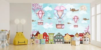  Fototapeta do pokoju dziecięcego kolorowe miasto, kolorowe balony, samoloty dwk245