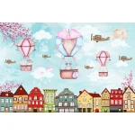  Fototapeta do pokoju dziecięcego kolorowe miasto, kolorowe balony, samoloty dwk245