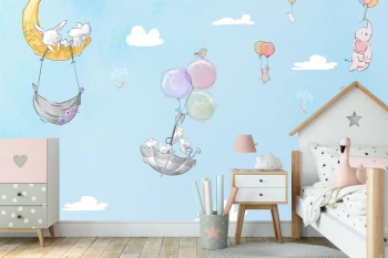  Fototapeta do pokoju dziecięcego księżyc, zajączki, balony, słonik, parasolka dwk247