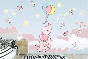  Fototapeta do pokoju dziecięcego różowy słonik, różowe balony, chmurki, gwiazdki dwk250