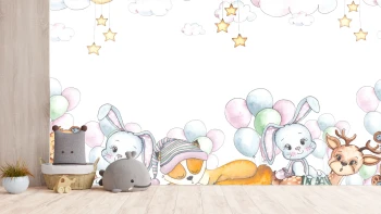  Fototapeta do pokoju dziecięcego zajączki, śpiące zajączki, gwiazdki, balony dwk351