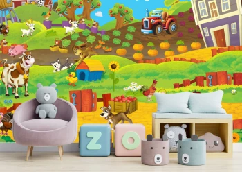  Fototapeta do pokoju dziecięcego farma, traktor, krówka, piesek dwk354